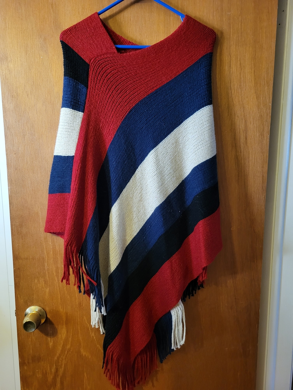 Striped Knit Fringe Poncho Sweater - Red, Navy & Cream